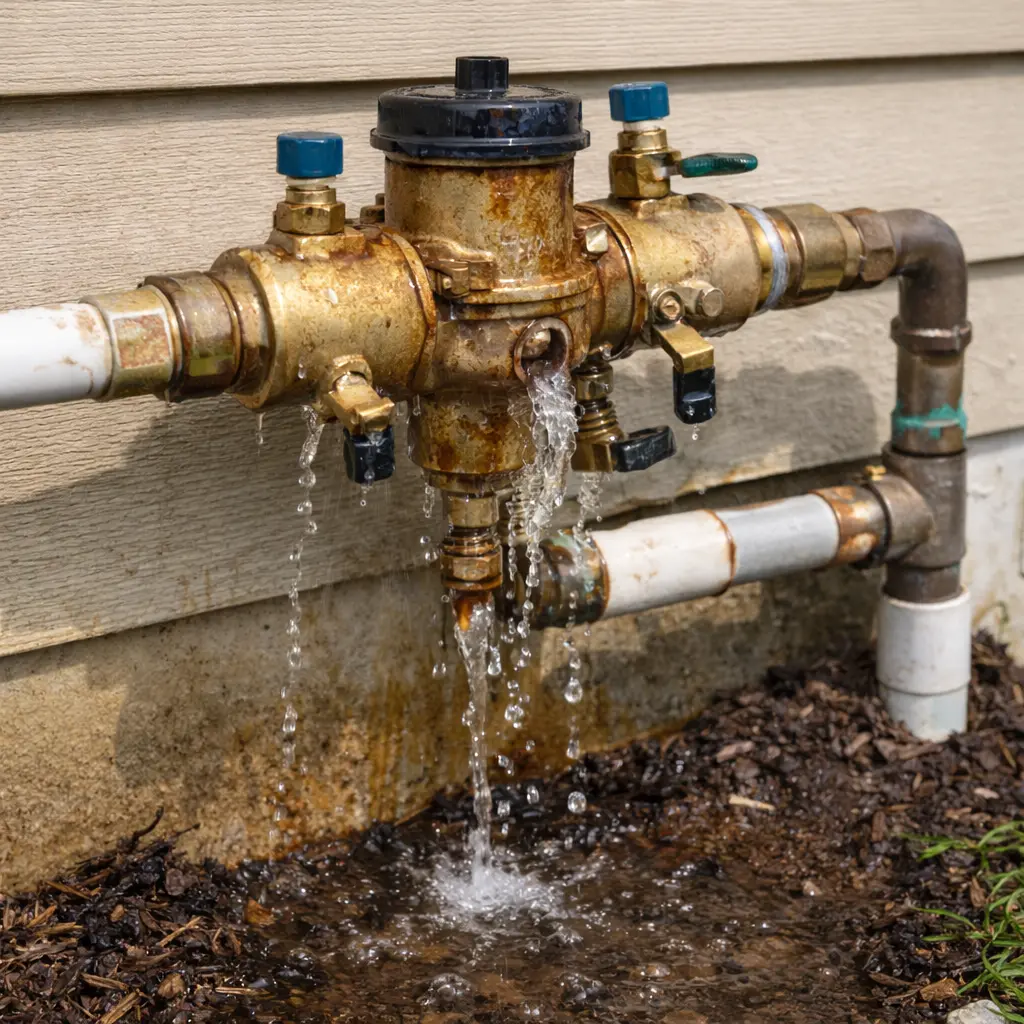 Plumber repairing a leaking backflow preventer valve in a residential plumbing system.