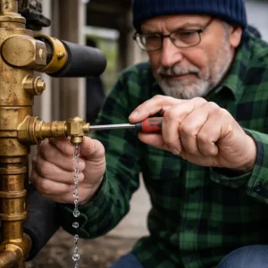 Technician draining water from a backflow preventer valve to prevent freeze damage during winter maintenance