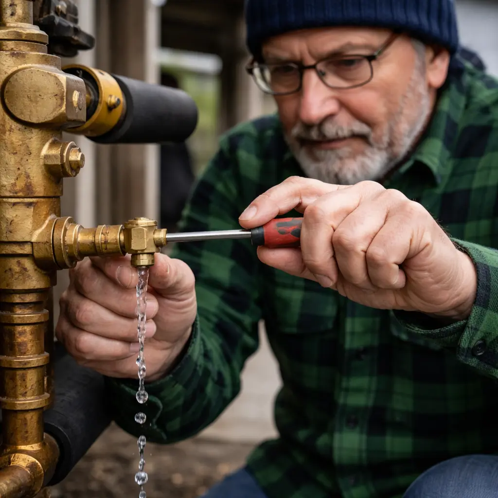 Technician draining water from a backflow preventer valve to prevent freeze damage during winter maintenance