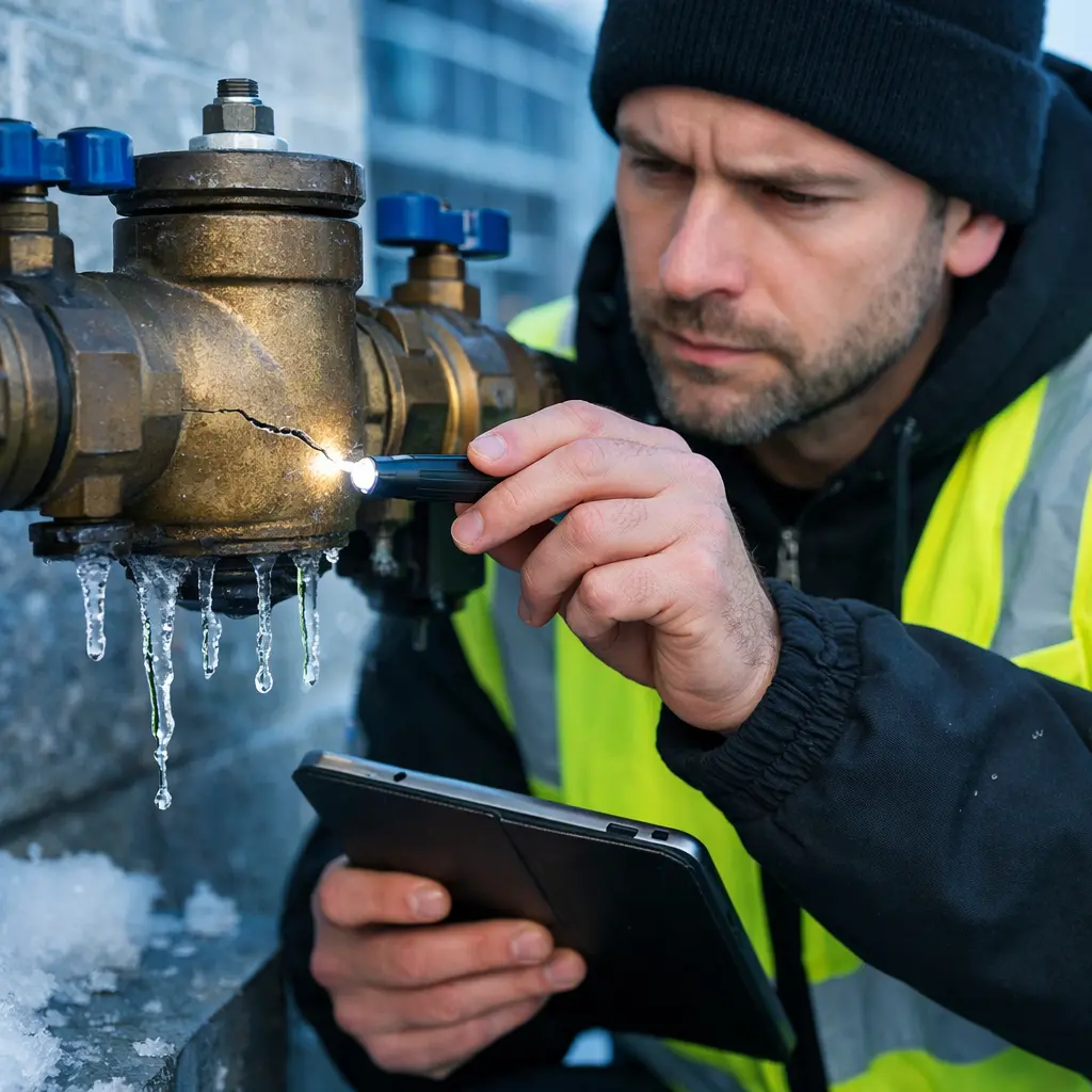 Plumber inspecting a cracked backflow preventer using a flashlight to identify freeze damage and leaks