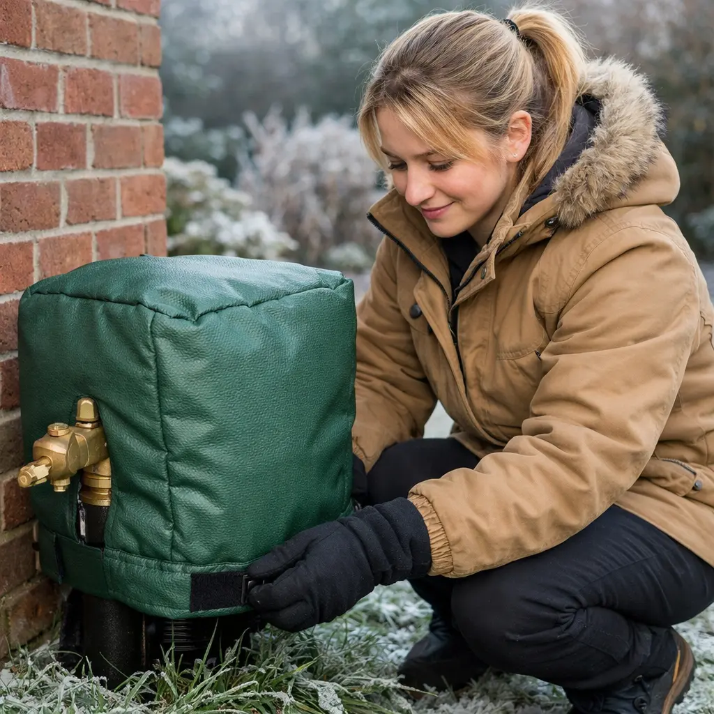 Homeowner installing an insulated cover over a backflow preventer to protect it from freezing temperatures