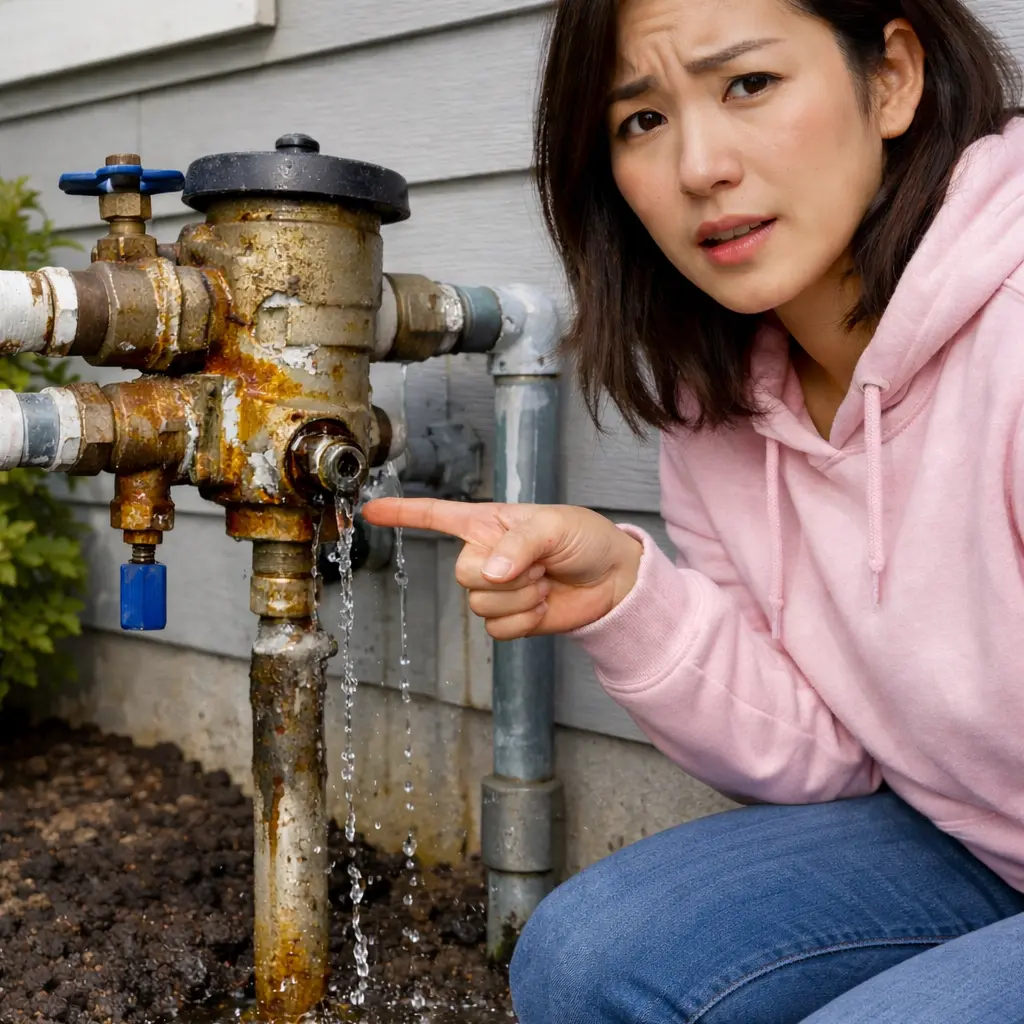 Professional plumber inspecting a clogged backflow preventer valve with a flashlight in a US home plumbing system.