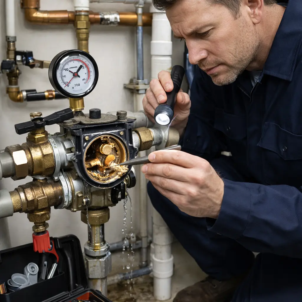 Technician performing differential backflow testing and documenting results on a residential plumbing system in the United States.