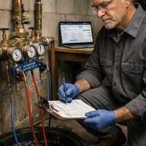 Homeowner pointing at a leaking outdoor backflow preventer valve on a residential water supply line in a US home.