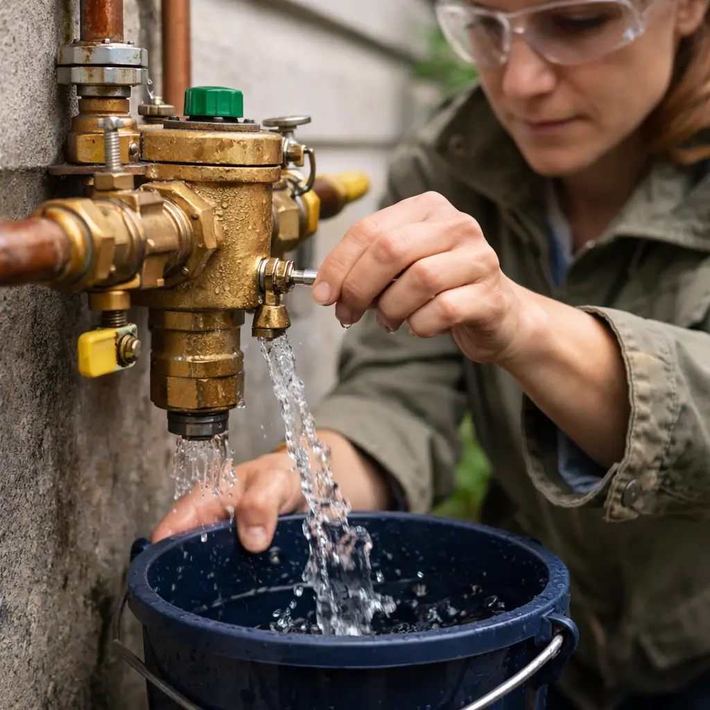 Technician flushing a backflow preventer valve into a bucket during maintenance to clear debris and restore proper operation