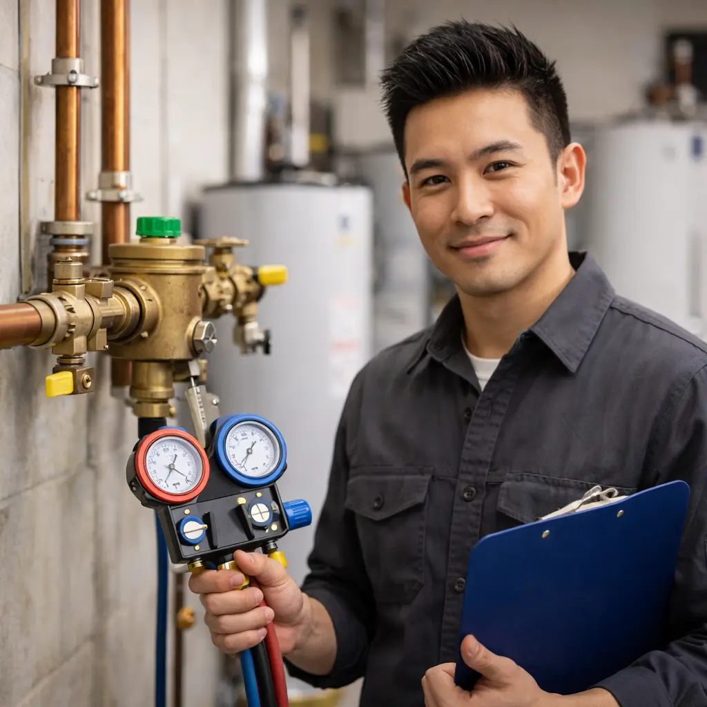 Plumbing technician holding a pressure gauge kit next to a backflow preventer during inspection and system testing