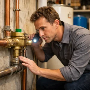 Plumber inspecting a backflow preventer with a flashlight to check for leaks, wear, and pressure-related issues