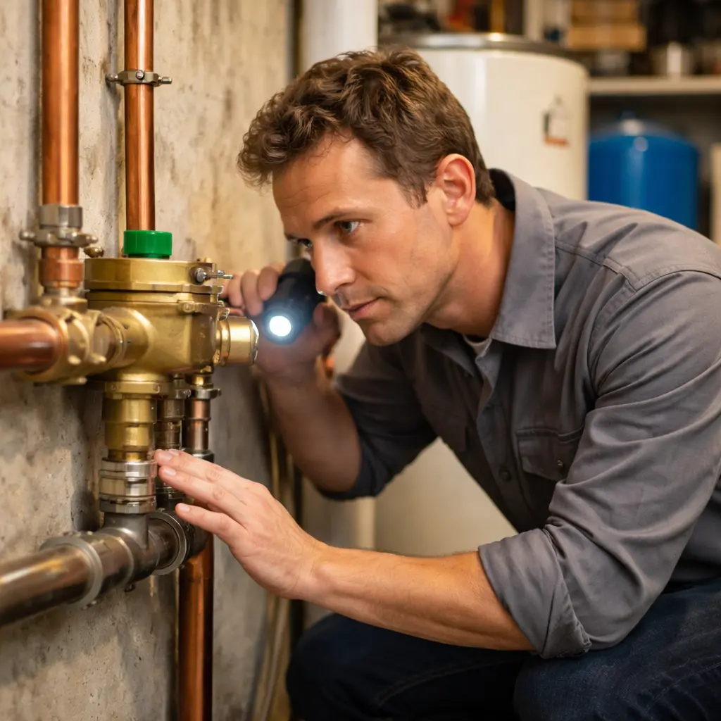 Plumber inspecting a backflow preventer with a flashlight to check for leaks, wear, and pressure-related issues