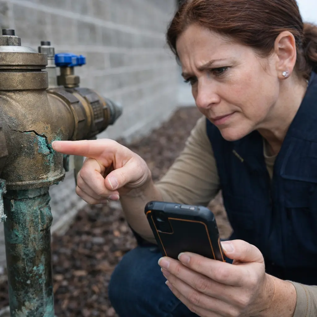 Homeowner inspecting a corroded backflow preventer showing visible damage and potential replacement need
