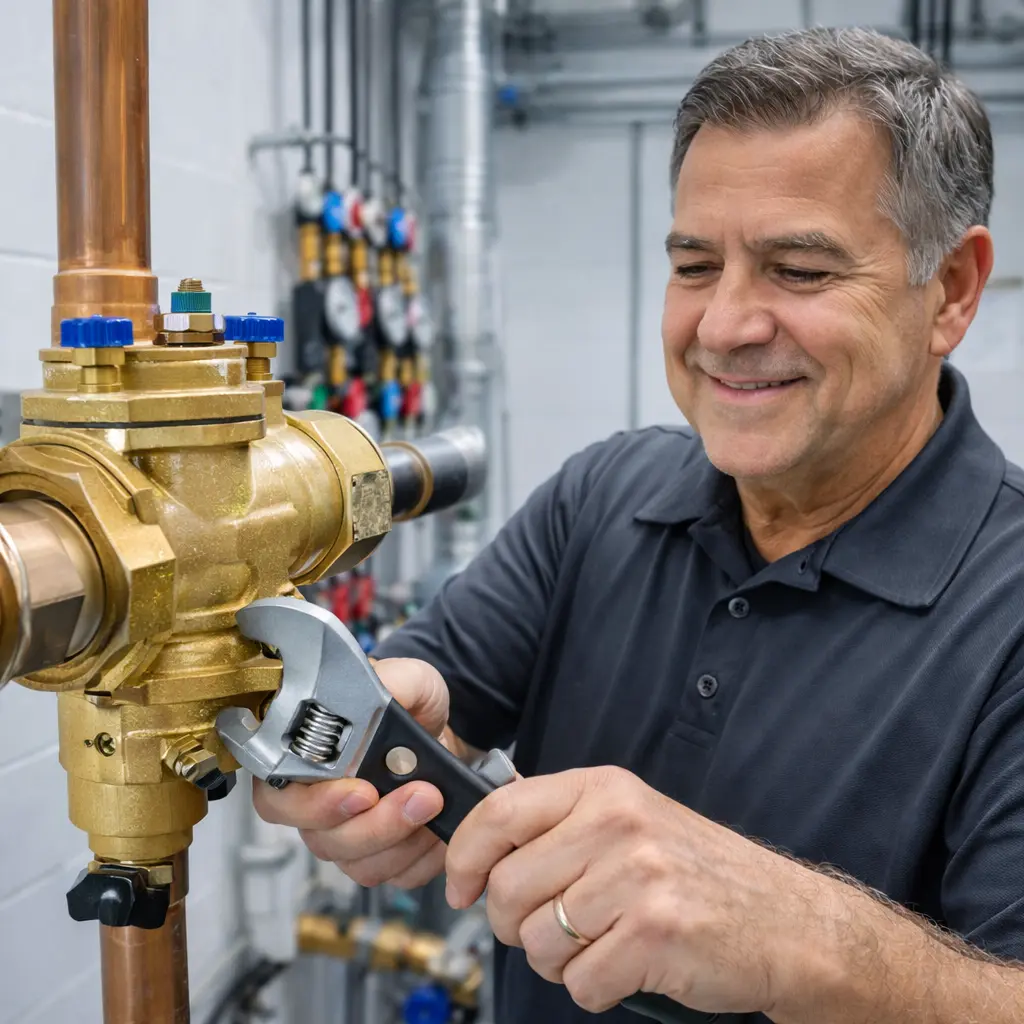 Plumber installing backflow preventer valve on copper pipe using adjustable wrench