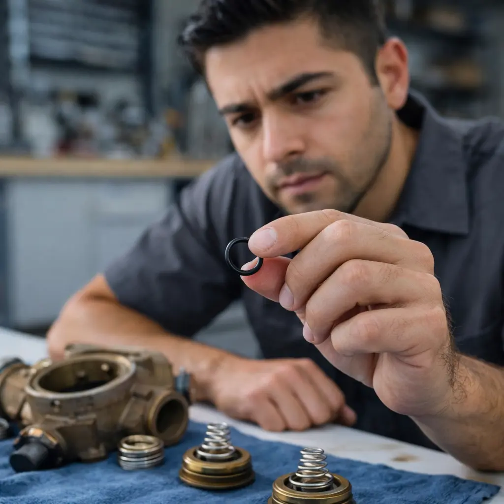 Technician examining a worn O ring seal from a backflow preventer during maintenance or replacement process