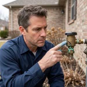 Homeowner inspecting a cracked pressure vacuum breaker leaking due to corrosion or freeze damage on an outdoor wall
