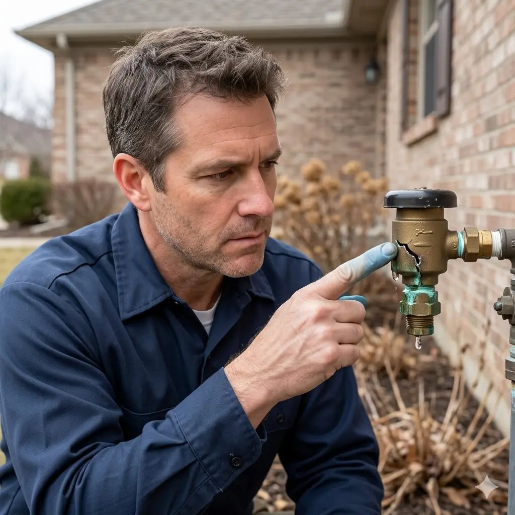 Homeowner inspecting a cracked pressure vacuum breaker leaking due to corrosion or freeze damage on an outdoor wall