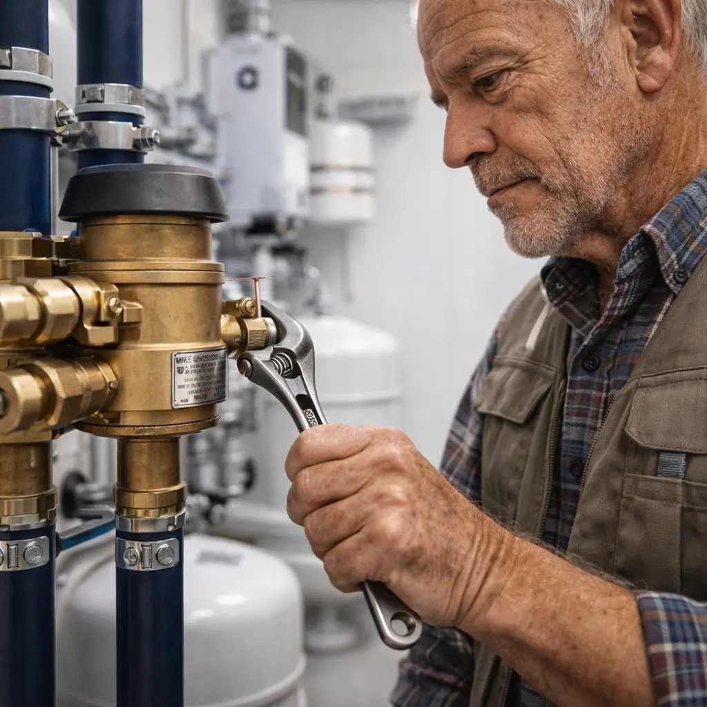 Plumber tightening a pressure vacuum breaker valve during repair in a commercial mechanical room