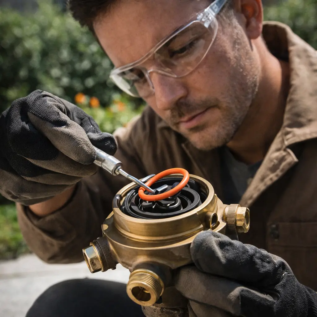 Technician replacing an O ring seal inside a pressure vacuum breaker during maintenance to fix leaks