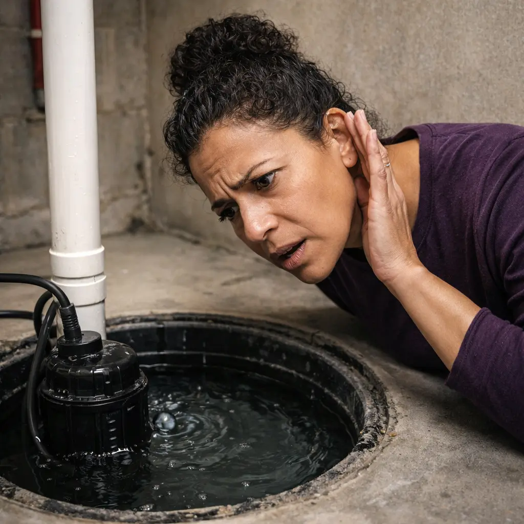 Homeowner listening to sump pump noise while checking water level in basement sump pit