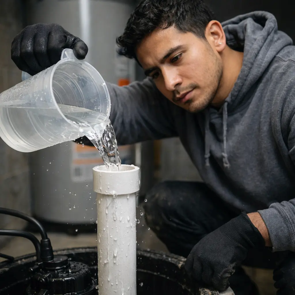 Technician pouring water into sump pump pipe to test for airlock or drainage issue