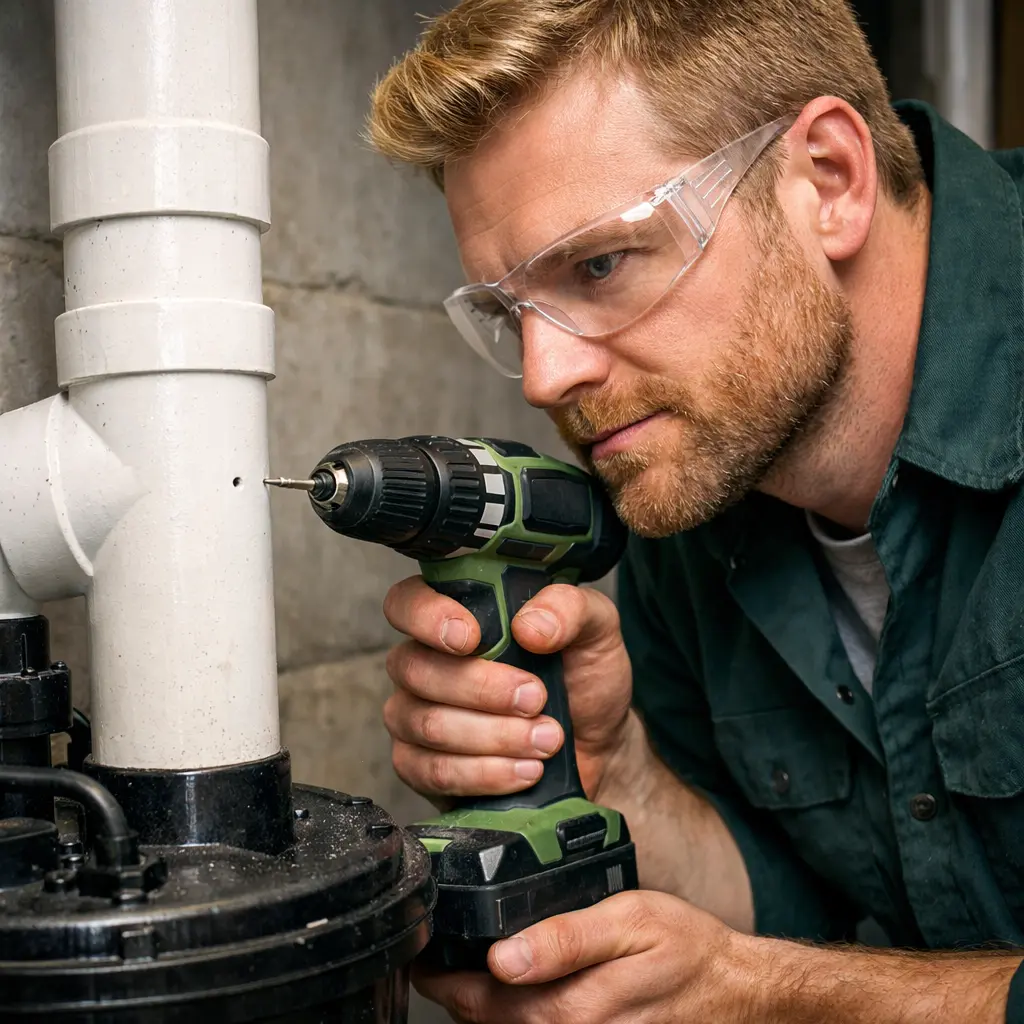 Plumber drilling small hole in sump pump discharge pipe to fix airlock problem