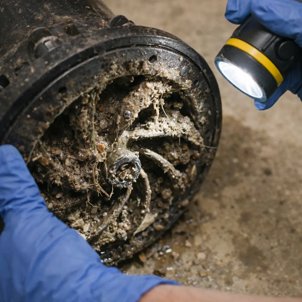 Clogged sump pump impeller filled with debris and sediment being inspected with a flashlight
