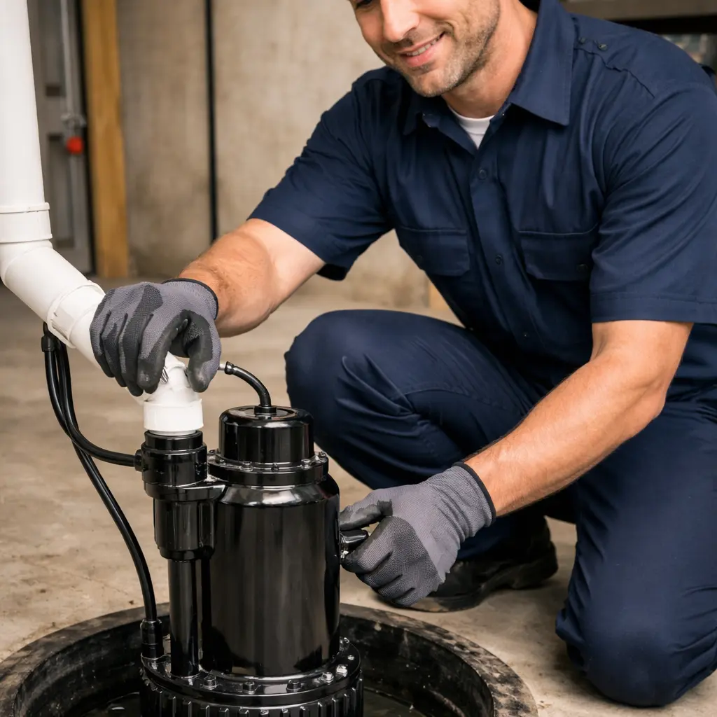 Plumber installing a new sump pump in a basement pit with connected discharge pipe
