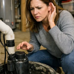 Homeowner listening to sump pump noise while inspecting basement sump pit system