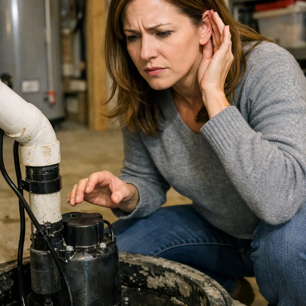 Homeowner listening to sump pump noise while inspecting basement sump pit system