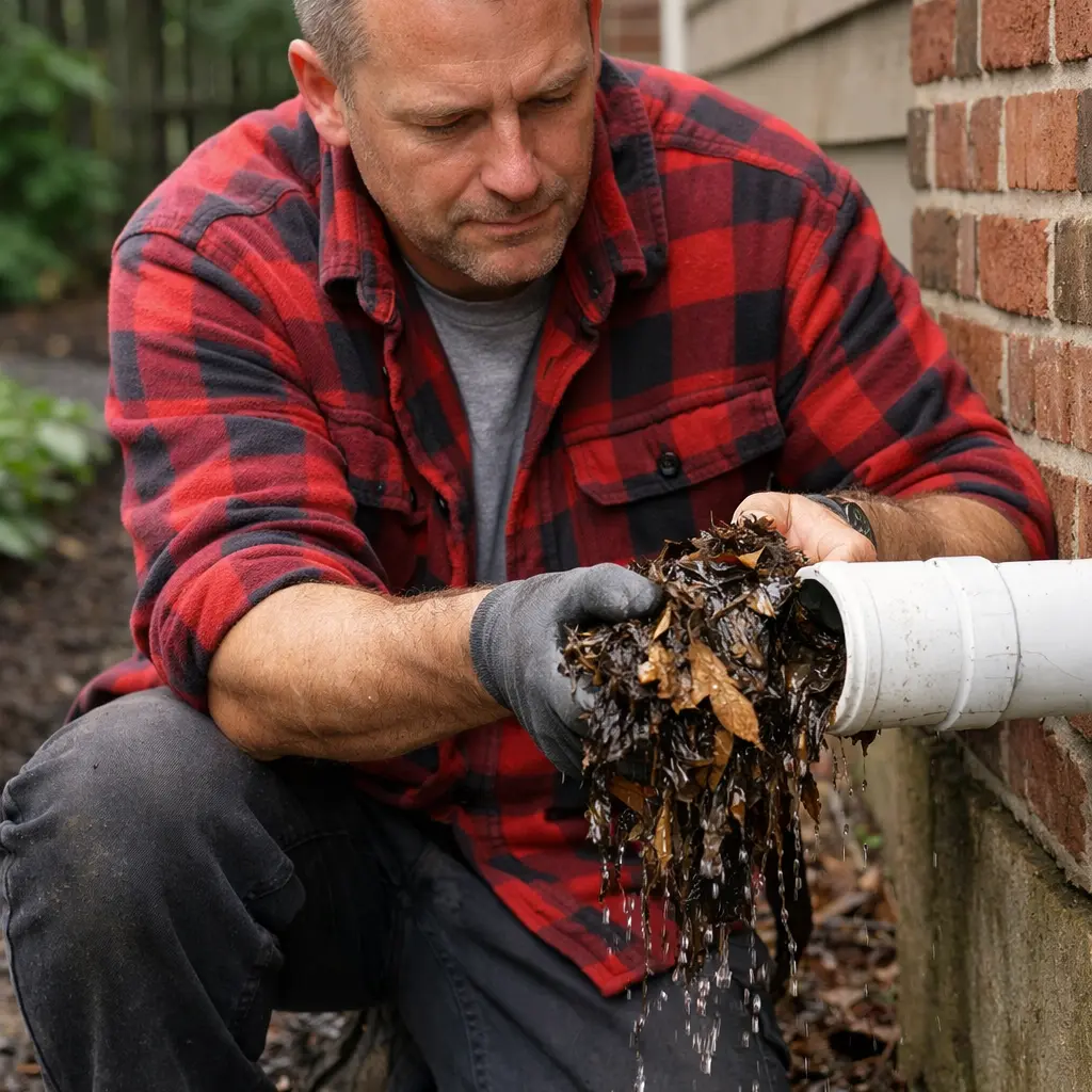Homeowner clearing debris and leaves from clogged sump pump discharge pipe outside house