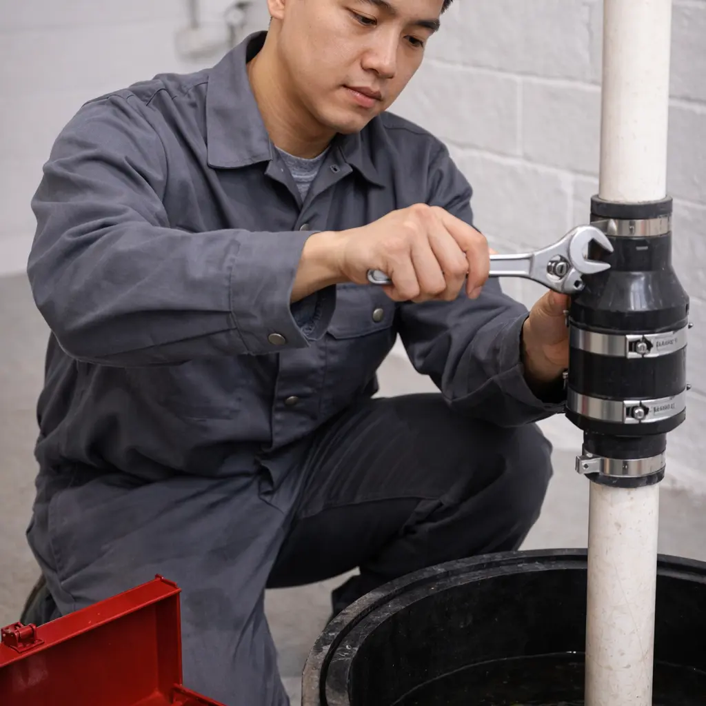 Technician adjusting sump pump pipe connection inside basement sump pit