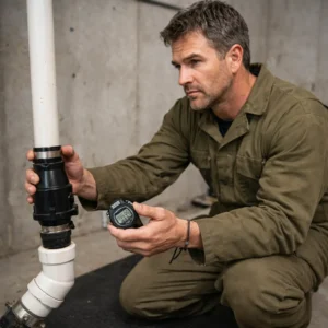 Homeowner measuring water level in sump pump pit during active drainage