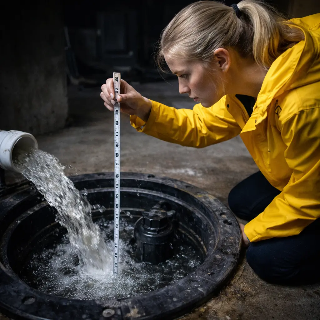 Close-up of sump pump pit filling with water as homeowner measures water level