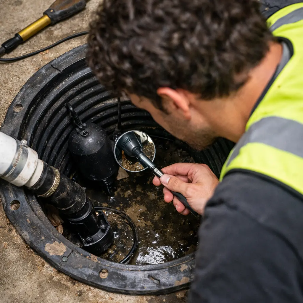 Technician inspecting sump pump pipe connection and checking system performance in basement