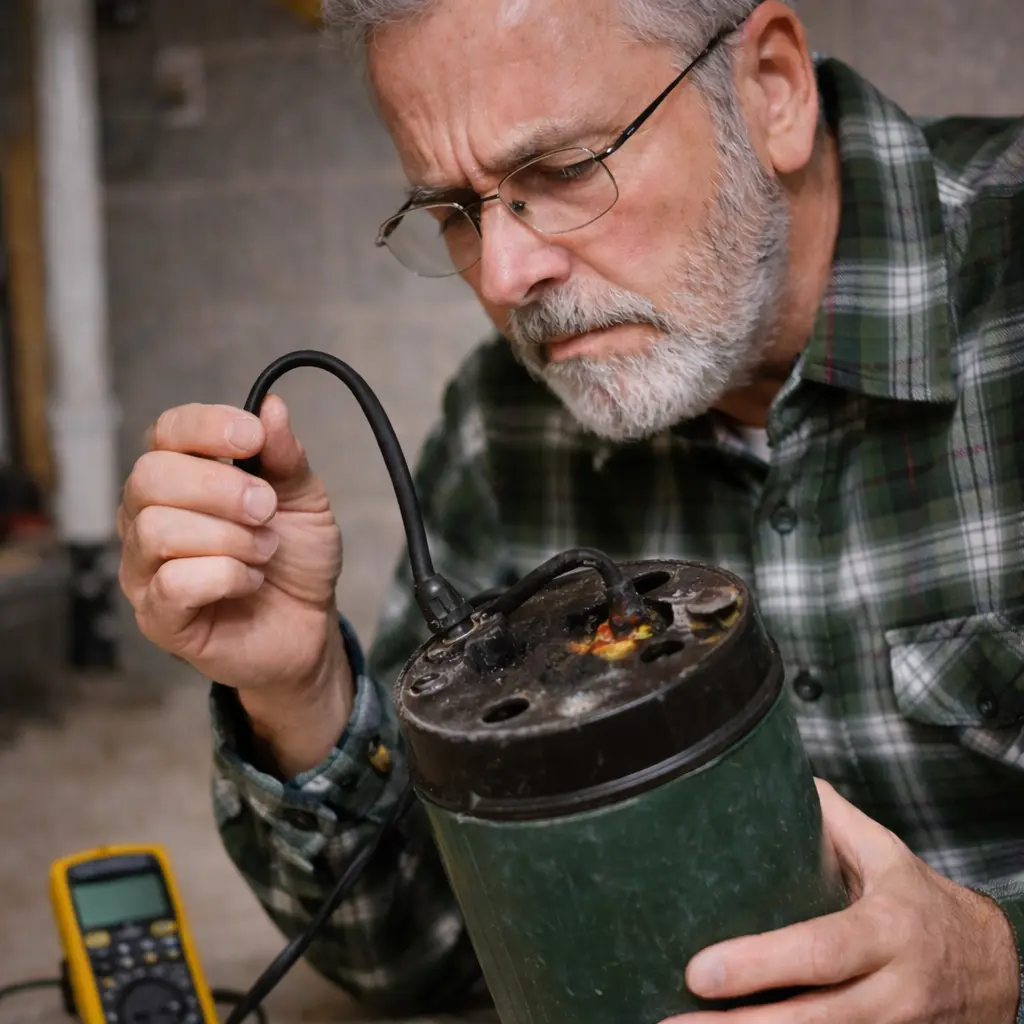 Homeowner inspecting sump pump motor with signs of overheating or damage in basement