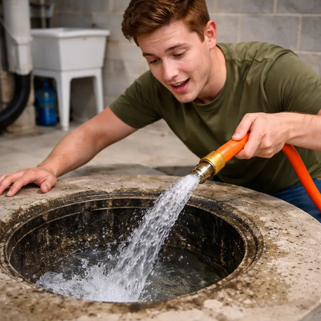 Homeowner flushing sump pump pit with water hose to remove buildup and odors