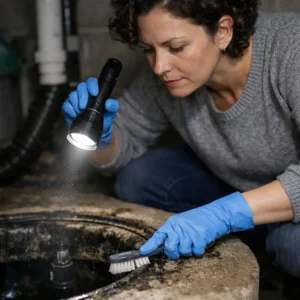 Homeowner cleaning sump pump pit with brush and flashlight to remove debris and smell