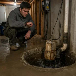 Concerned homeowner checking an aging sump pump running continuously in a damp unfinished US basement during heavy rain.
