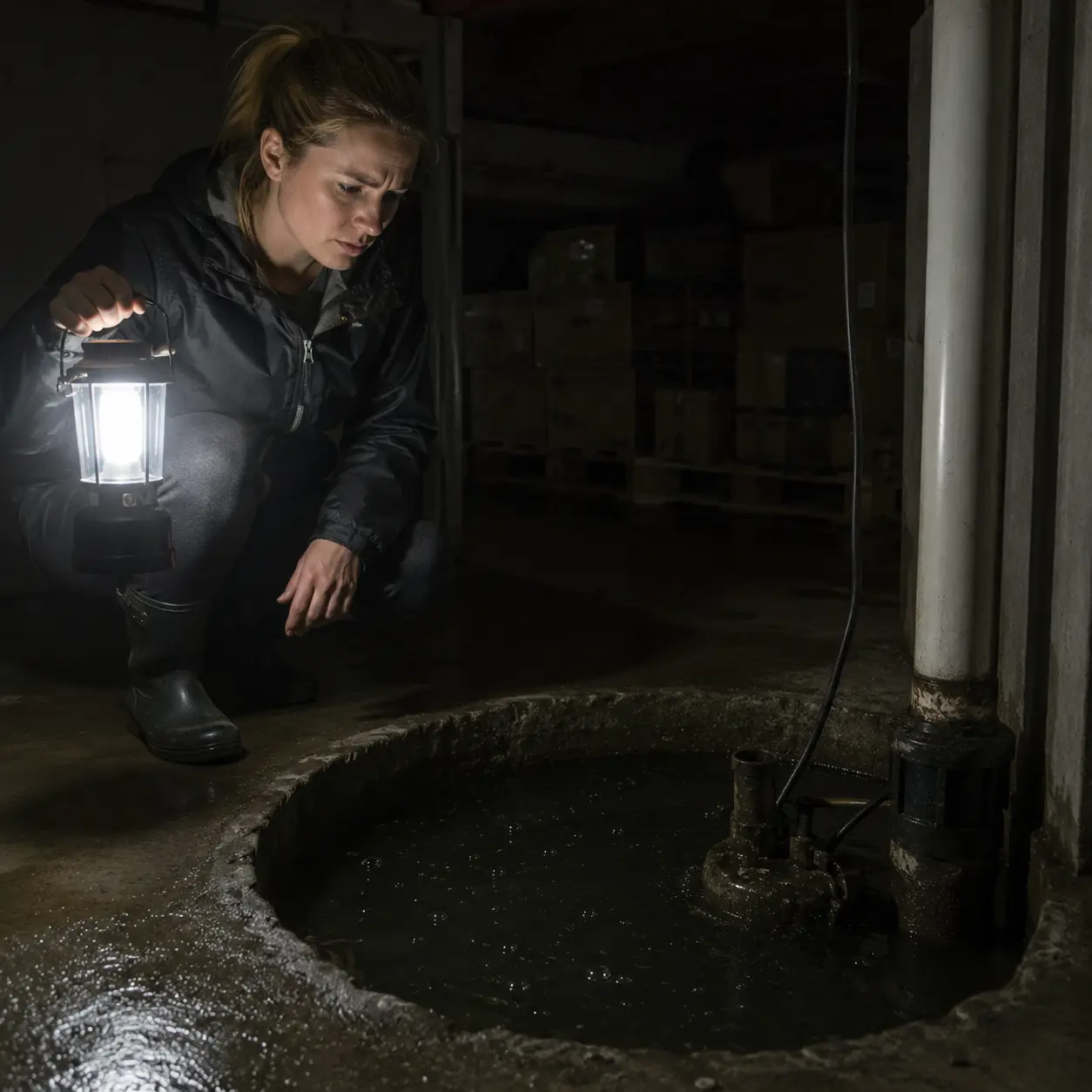Woman using an LED lantern to inspect a failed sump pump during a nighttime basement power outage in a US home.
