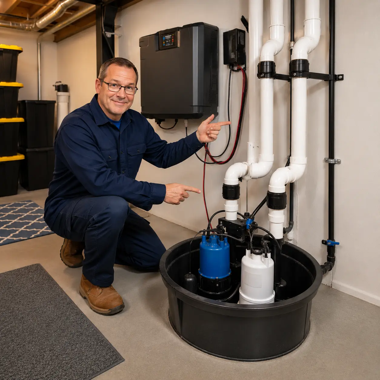 Professional technician showing a dual sump pump and battery backup system installed in a clean modern US basement.