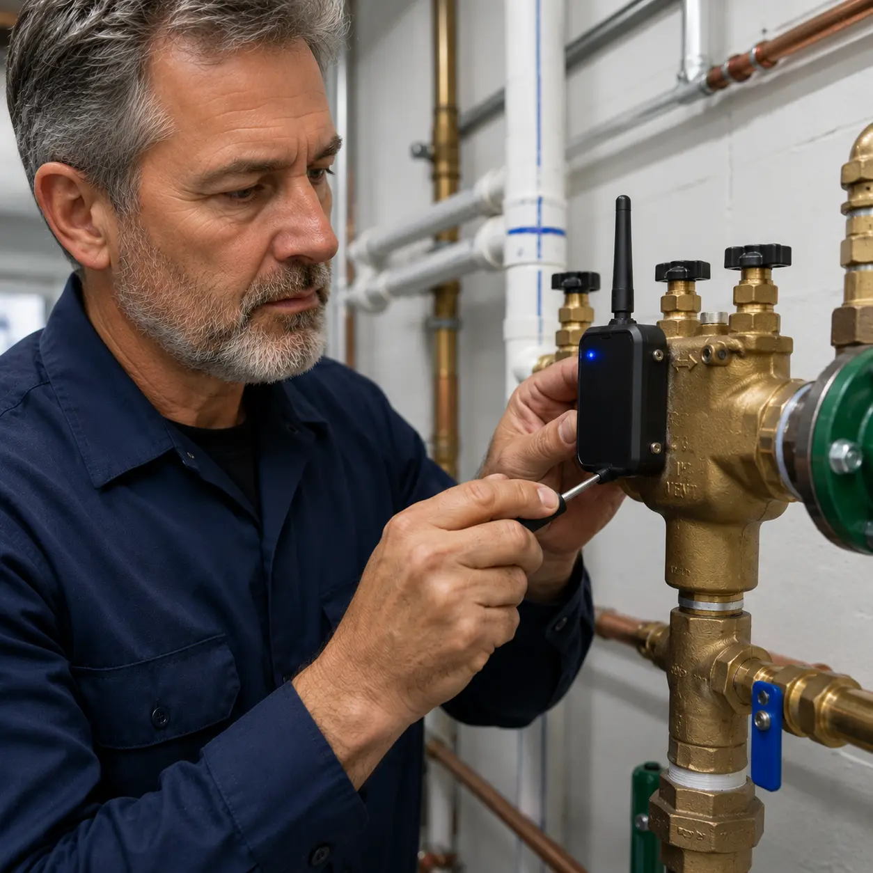 Professional plumbing technician attaching a wireless pressure monitoring sensor to a commercial brass backflow prevention assembly.