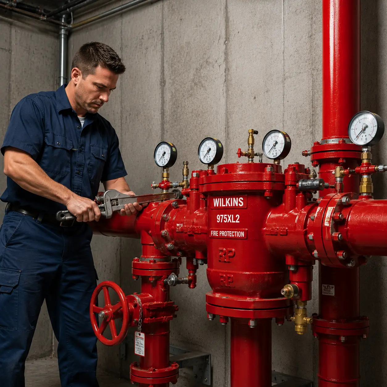 Technician tightening a red fire sprinkler backflow preventer assembly inside a US commercial fire protection mechanical room.