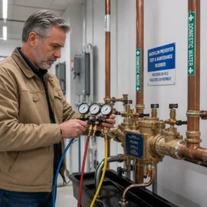 Certified plumbing inspector testing a commercial RPZ backflow preventer in a finished US mechanical utility room.
