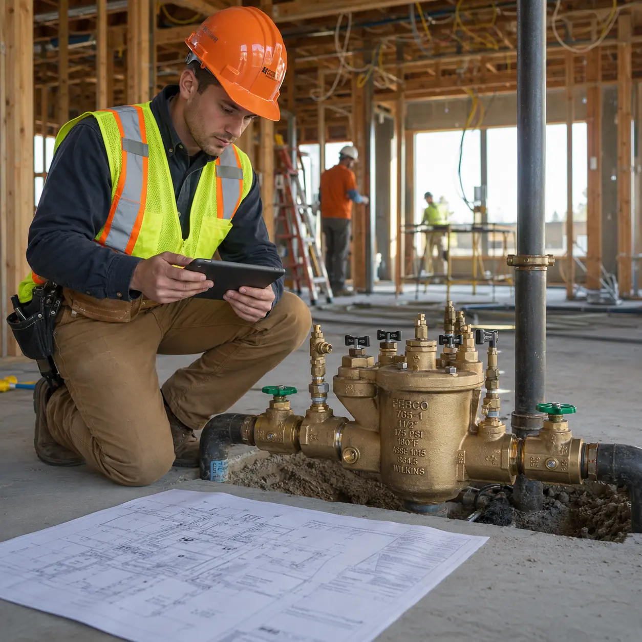 Construction worker reviewing plumbing schematics beside a newly installed brass backflow preventer at a US building site.