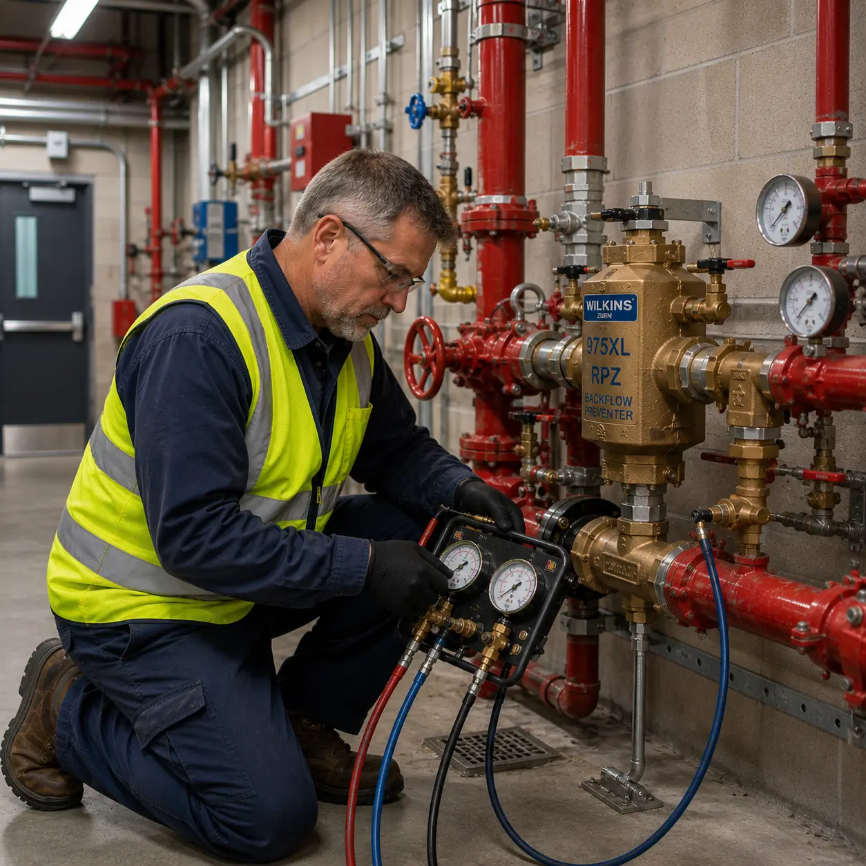 US maintenance technician performing RPZ backflow preventer testing on a commercial fire sprinkler system