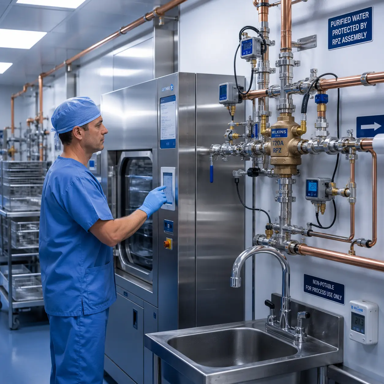 Hospital technician monitoring RPZ backflow preventer system in a sterile medical processing room