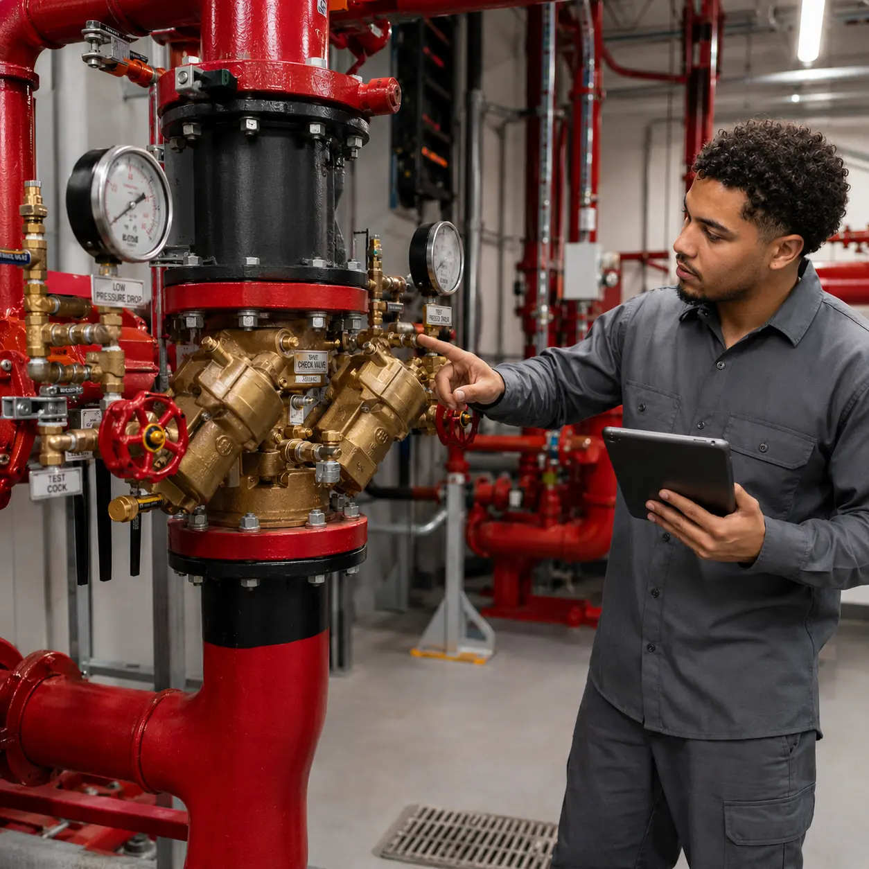 Commercial fire sprinkler DCVA backflow preventer inspection inside a US industrial utility room