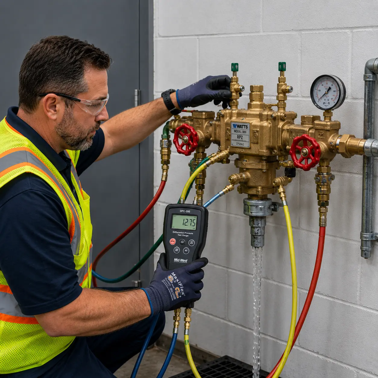 US backflow technician performing annual RPZ backflow preventer testing in a commercial facility