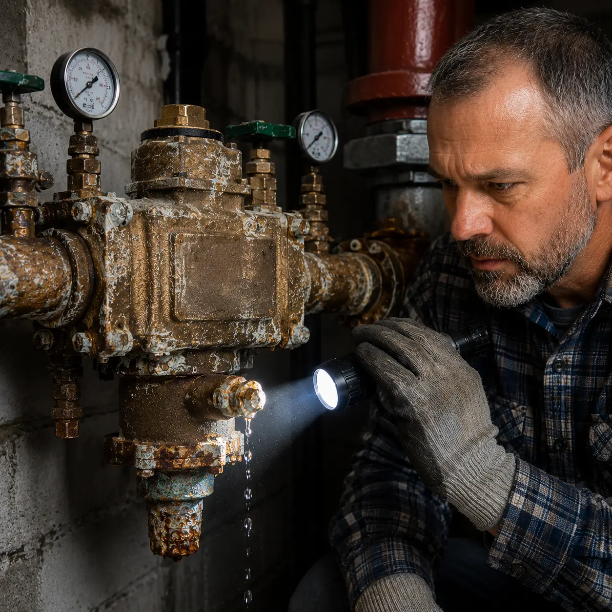 Older corroded RPZ backflow preventer leaking during plumbing inspection in a US mechanical room.