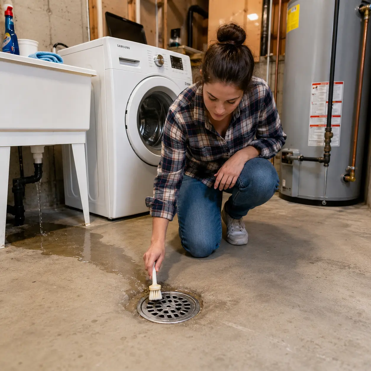 Young woman cleaning a basement floor drain near a washing machine and water heater in a clean US home utility room.