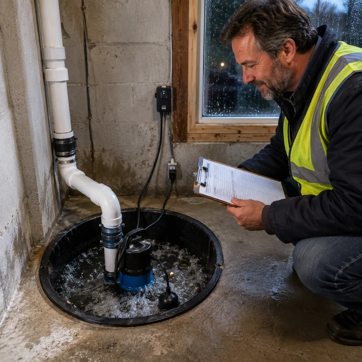 Bearded technician inspecting an active sump pump system in a US basement during heavy rain with water flowing inside the sump pit.