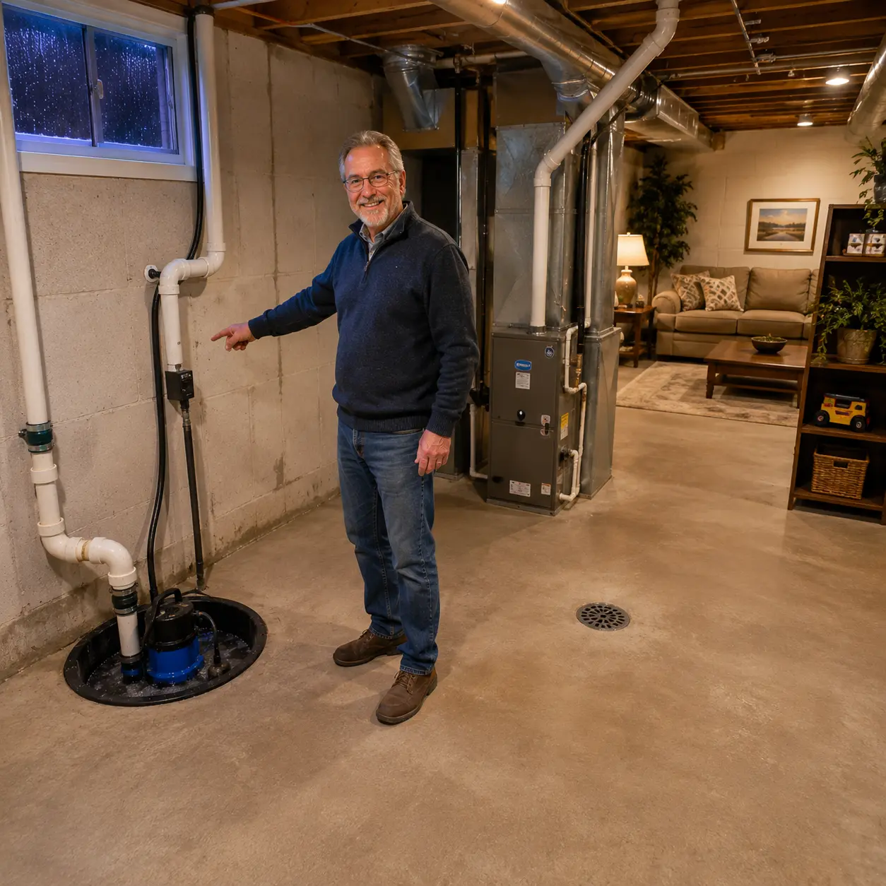 Older homeowner pointing at a professionally installed sump pump system in a dry, well maintained US basement with floor drain and HVAC unit.