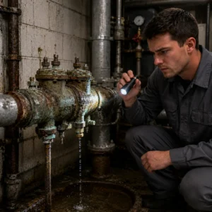 Plumbing technician inspecting a heavily corroded backflow preventer leaking inside a US commercial mechanical room.